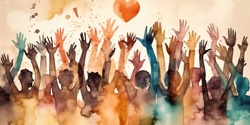 Group of diverse people with arms and hands raised towards hand painted hearts. Charity donation, volunteer work, support, assistance. Multicultural community. People diversity. Generative AI